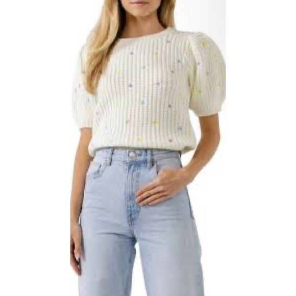 English Factory women's Pastel Dot Embroidered short sleeve sweater top size sma - Picture 2 of 8